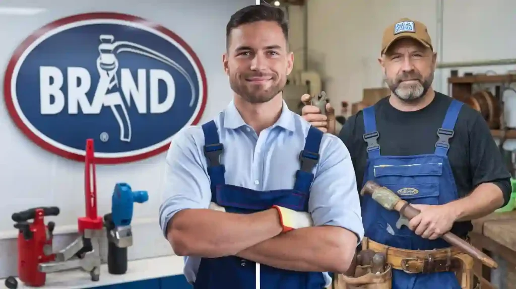 Two men in a workshop wearing blue overalls; one smiles with arms crossed, the other holds a hammer, embodying the spirit of better franchise contractors. A "Brand" sign is displayed behind them.
