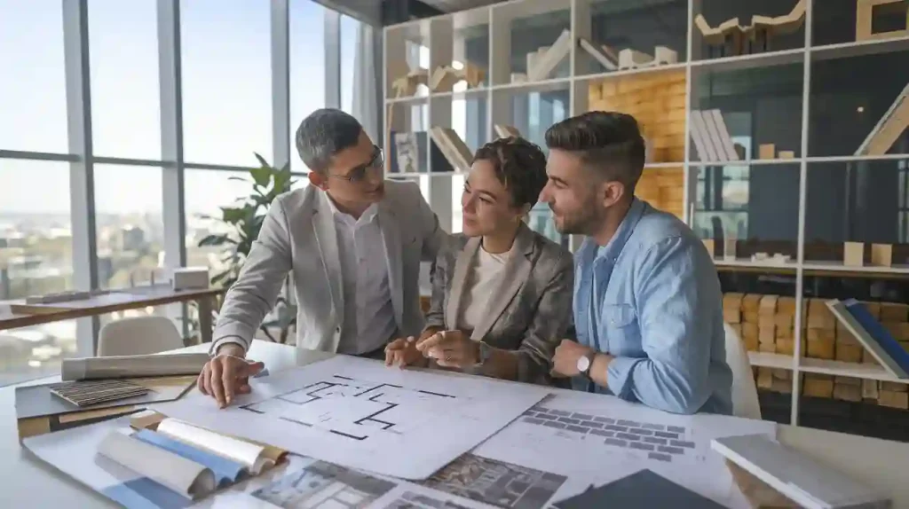Three people in a modern office discuss architectural plans for a new home build, spread out on a table filled with various documents and materials.