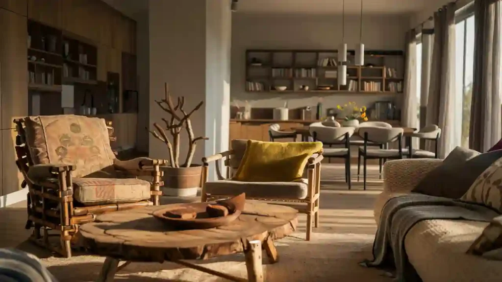 Cozy Organic Modern living room with rustic wooden furniture, including armchairs and a coffee table, adjacent to a dining area and kitchen.