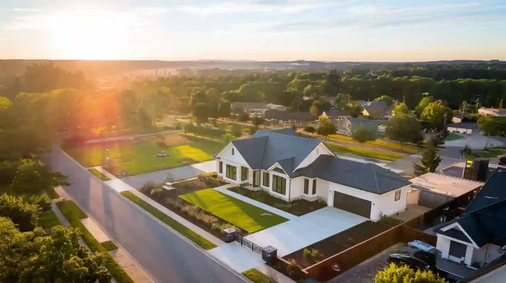 Aerial view of a suburban neighborhood with a large house, a spacious yard, and the sunset in the background, showcasing the potential for new home build opportunities.