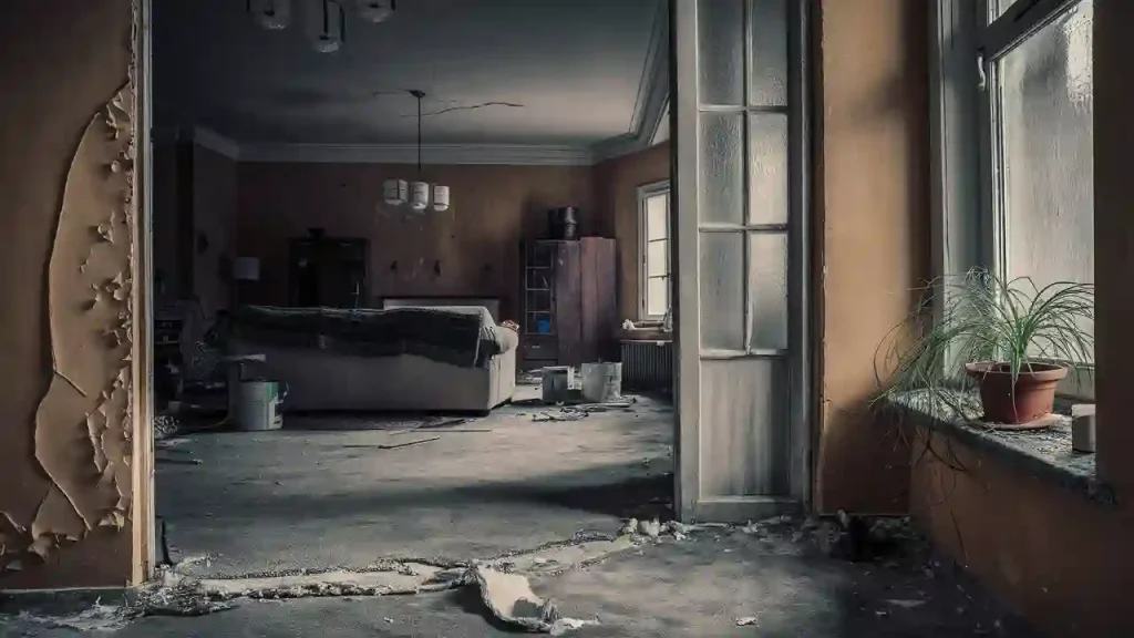 A dilapidated living room with peeling paint, debris on the floor, an old sofa, and a few potted plants by a worn doorway could significantly decrease apartment value.