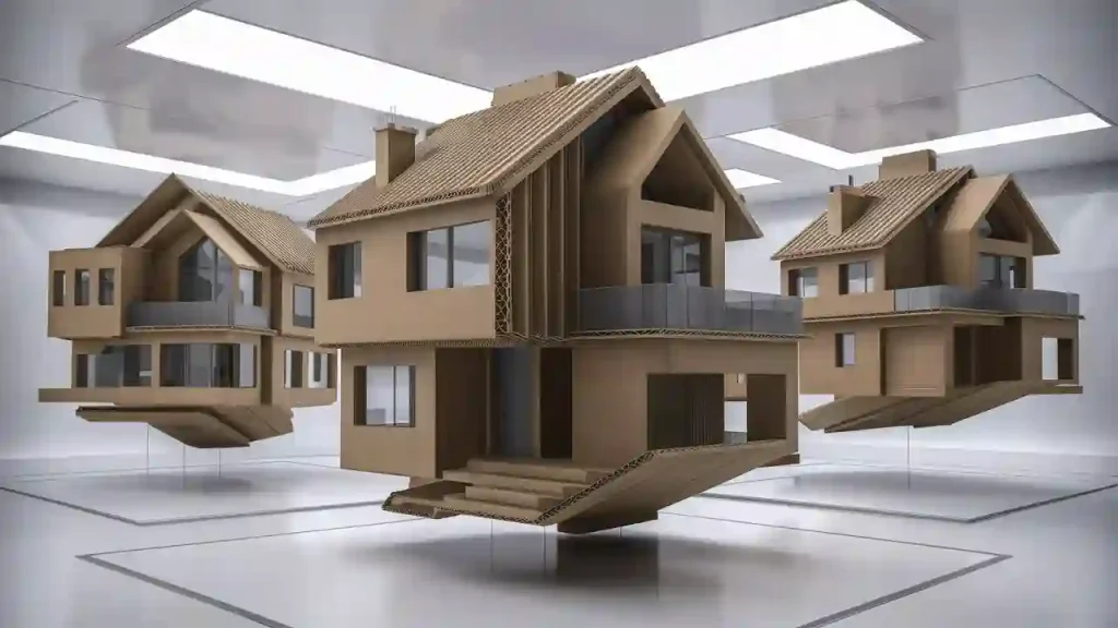Cardboard houses with detailed features float in a modern, futuristic room with bright ceiling lights and reflective walls, showcasing the innovative prowess of interior designers.
