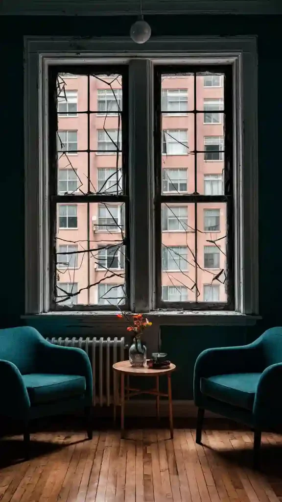Two blue chairs and a table with flowers are set in front of large broken windows, which significantly decrease the apartment's value, overlooking a building outside.