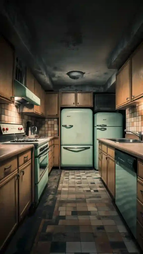 A dimly lit vintage kitchen with wooden cabinets, an old stove, a mint green fridge, and a checkered tile floor that could be spruced up by fixing small things to preserve the apartment value.