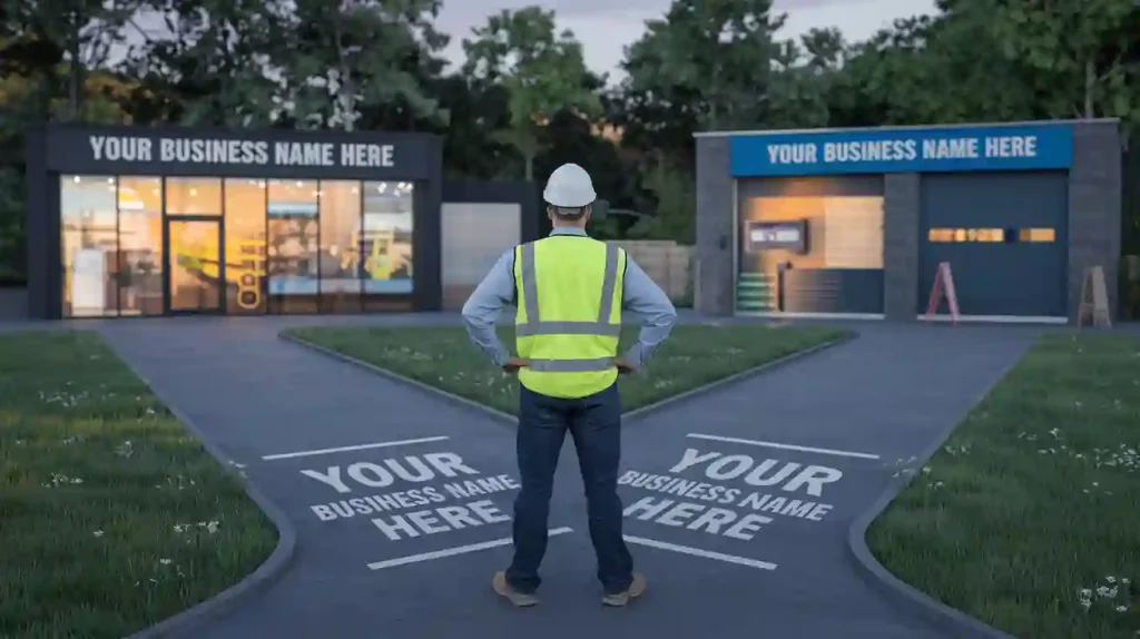 A construction worker in a reflective vest stands at a crossroads with two pathways, both labeled "Your Business Name Here," symbolizing the choice between better franchise contractors for your next project.
