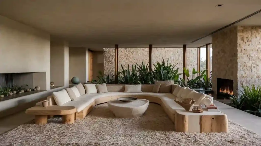 Spacious living room with a curved beige sofa, round coffee table, indoor plants, and large windows letting in natural light embodies an Organic Modern aesthetic.