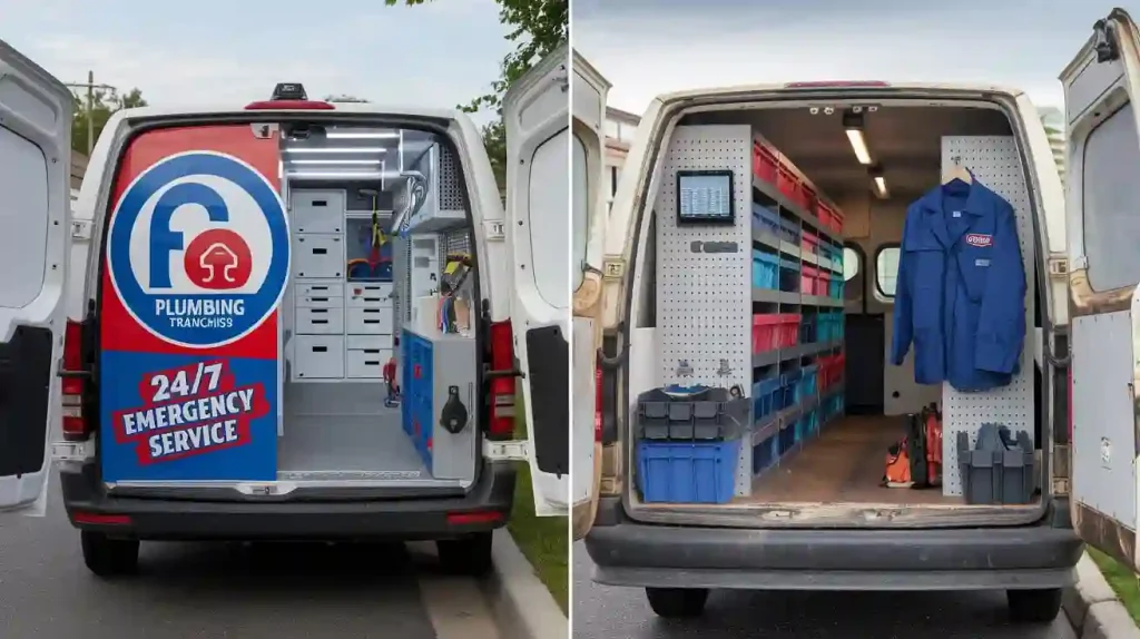 Two photos of the back of organized plumbing service vans with shelves, tools, and emergency service signs, showcasing the efficiency and professionalism that come from working with franchise contractors.