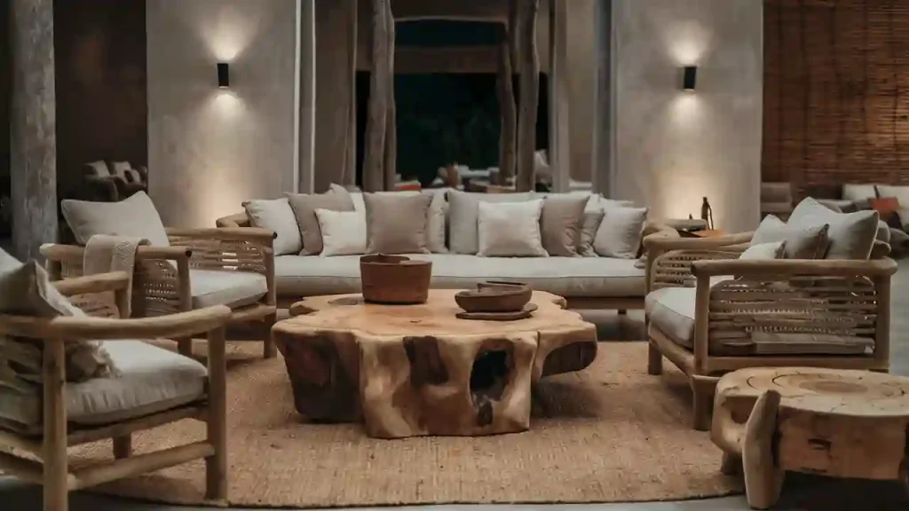 A cozy organic modern living room with a wooden coffee table, wicker armchairs, a beige sofa, and warm lighting.