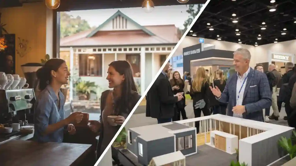 Split image: left shows two women chatting in a cozy cafe; right shows a man presenting a model building at a business event, highlighting the steps on how to start a new home construction.