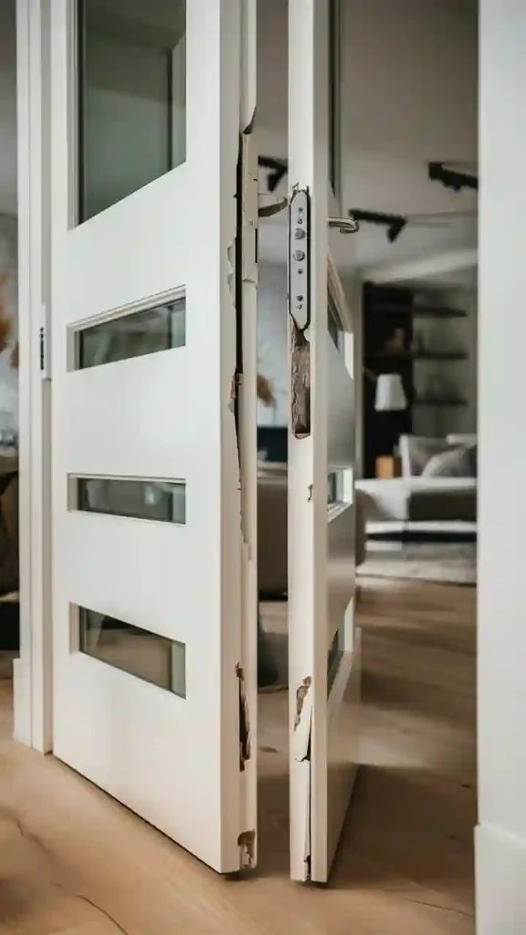 Two white interior doors are damaged and ajar in a modern living space, making small fixes essential to maintain your apartment value.