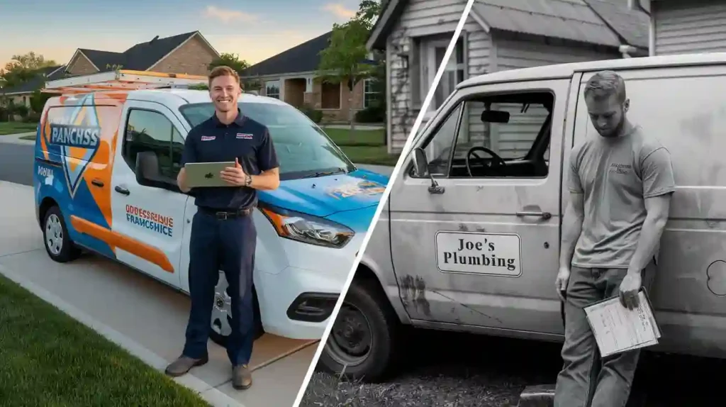 Side by side: clean van with smiling franchise technician holding a tablet, and worn van with plumber holding a clipboard.
