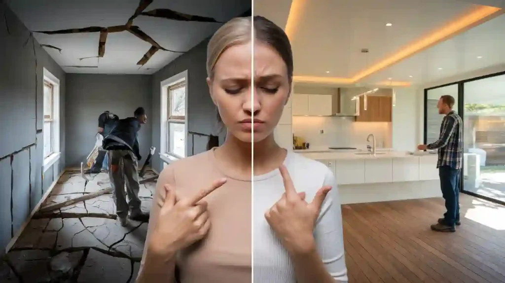 A split image of a woman, left side showing a room under renovation by a licensed contractor, right side revealing a completed modern kitchen.