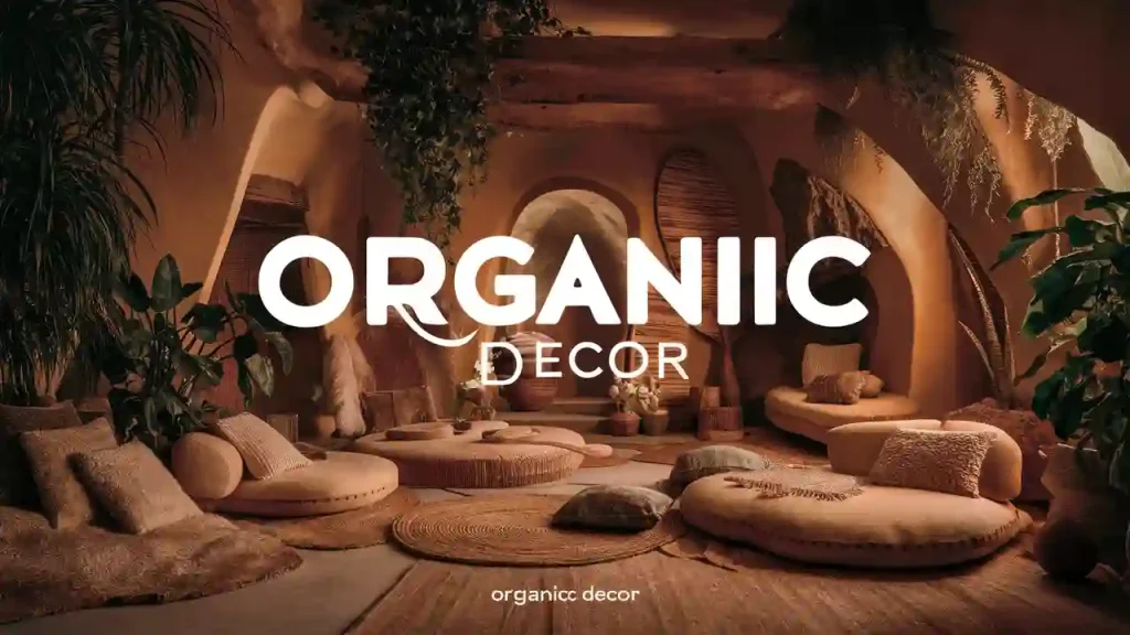 A cozy room with rounded furniture, earthy tones, and plants, labeled "Organic Modern Living Room Decor.