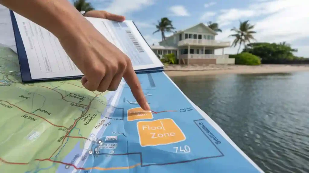 A person points to a "Flood Zone" area on a map with a beachfront house and palm trees in the background, underscoring the crucial information potential buyers need to know.