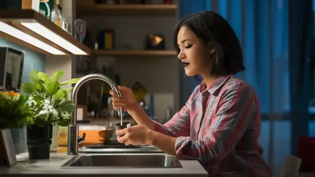 A woman washing a dish at a kitchen sink, wearing a plaid shirt, with shelves and a potted plant in the background. It's the small things like this that can fix apartment value and enhance daily living.