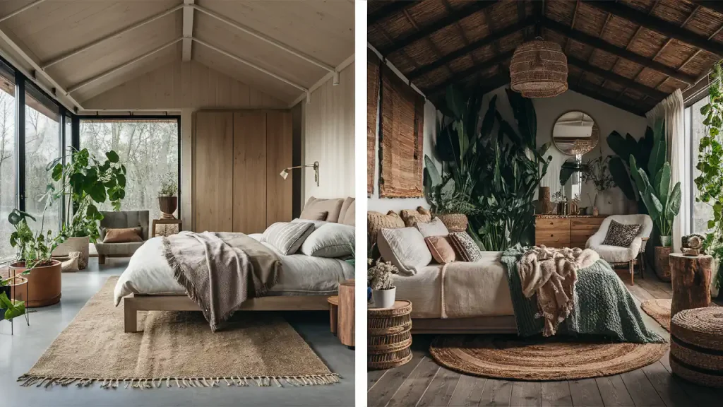 Two cozy bedrooms with rustic decor: the left room showcases light wood and minimal bedroom decor, epitomizing an Organic Modern Bedroom aesthetic; the right room is adorned with lush plants and boho style.