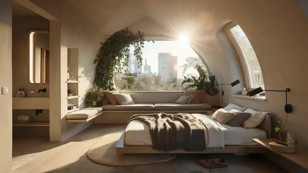 Cozy organic modern bedroom with arched window, city view, sunlit greenery, cushioned seating, and comfortable bed with blankets.