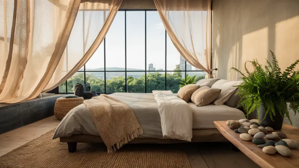 An Organic Modern bedroom featuring large windows with sheer curtains, a cozy bed, and lush plants, offering a serene atmosphere with scenic views of greenery and distant buildings.