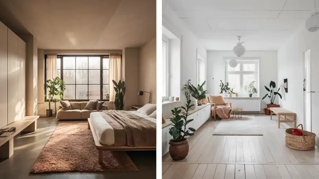 A cozy modern bedroom on the left and a bright, organic minimalist living room on the right, both with large windows and plants.