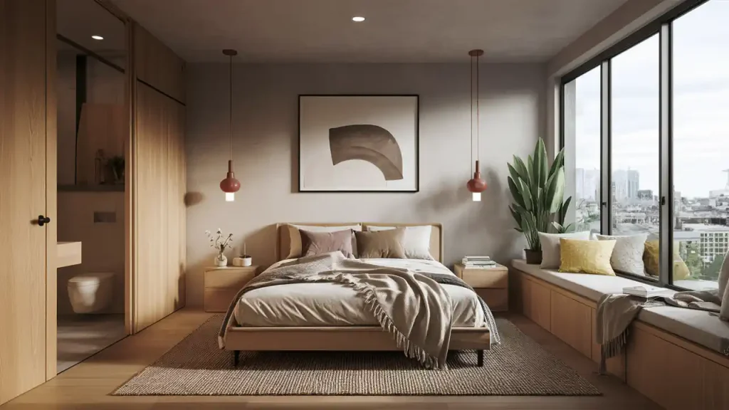 A modern bedroom featuring a large bed, abstract wall art, hanging pendant lights, a cozy window seat, and an abundance of natural light. This organic modern bedroom seamlessly blends comfort and style.
