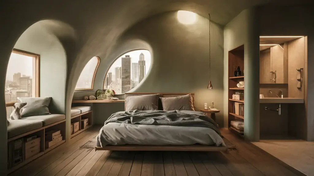 An organic modern bedroom featuring cozy curved walls, a large circular window, a comfortable bed, and sleek bookshelves, all complemented by a stunning cityscape view in the background.