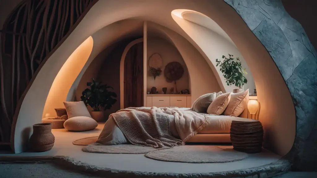 Cozy Organic Modern bedroom with warm lighting, arched ceiling, round window, modern furnishings, and plants.