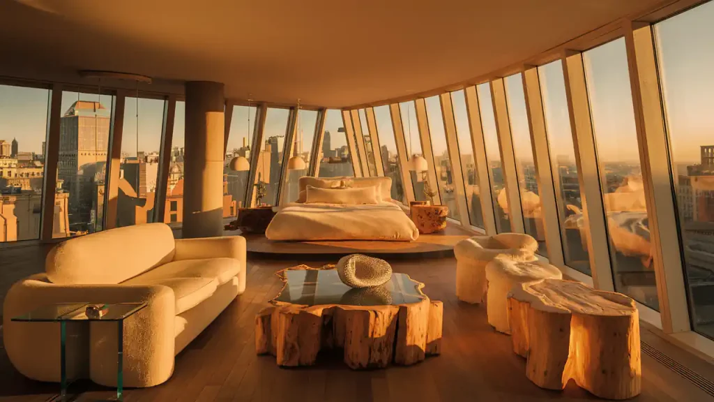 Luxurious organic modern bedroom with panoramic city views, featuring modern furniture, large windows, and warm natural lighting—perfect for those passionate about home decor.