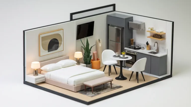 A modern studio apartment model featuring a bed, kitchen, dining area, and living space with contemporary design and decor.