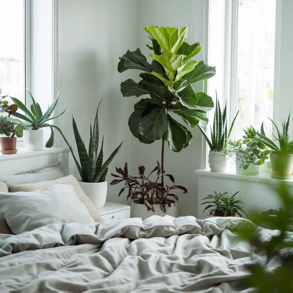 A bedroom with a bed, white linens, and various potted plants on the windowsill and nightstand in natural light makes for a perfect home bedroom refresh.