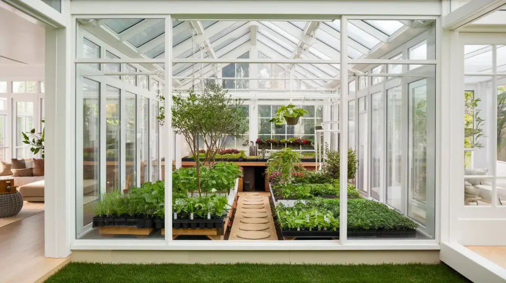 A modern greenhouse with a variety of plants and herbs growing in neatly arranged rows, viewed from an adjacent room, exemplifies the seamless blend of interior house renovations and innovative gardening methods.