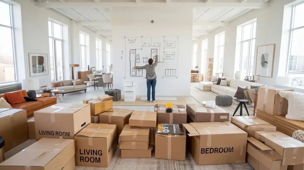 Person standing in a room with large windows, surrounded by moving boxes, drawing a floor plan on a large whiteboard, planning how to decorate the house.