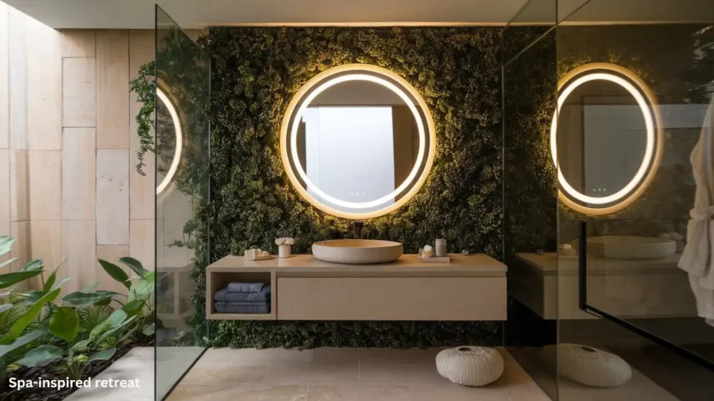 Modern bathroom with a round, backlit bathroom mirror, floating sink vanity, and lush green wall. Glass shower on the right.
