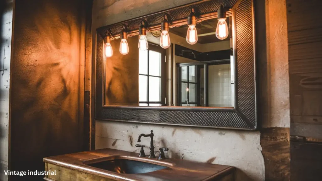 A dimly lit industrial-style bathroom with a perfect mirror, exposed bulb lighting, and a rustic sink.