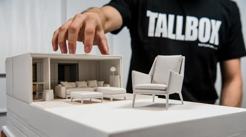 A person's hand is adjusting a miniature living room model featuring a sofa, armchair, and lamp, showcasing an intricate design that could transform any unfinished basement into a cozy retreat.
