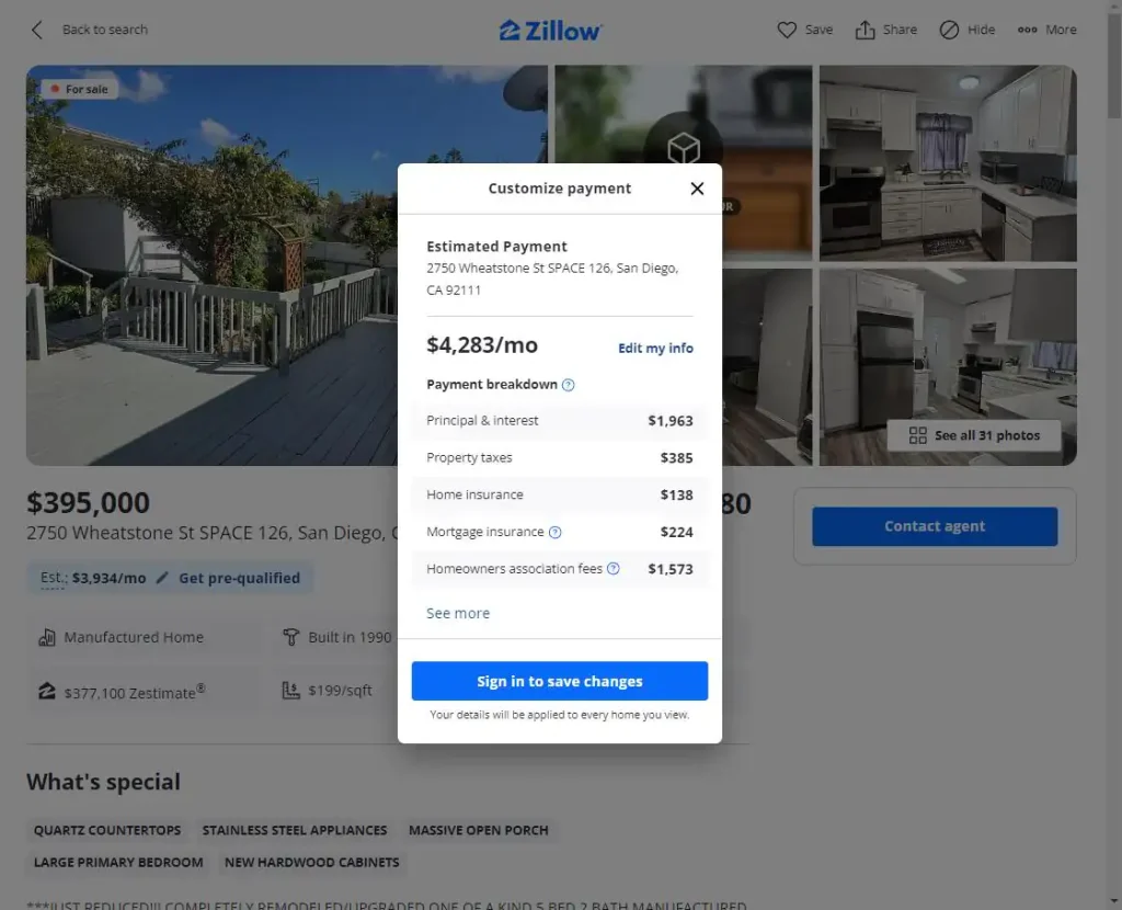 Zillow listing page showcasing your dream property for sale, complete with homeownership payment customization options and an estimated payment breakdown.