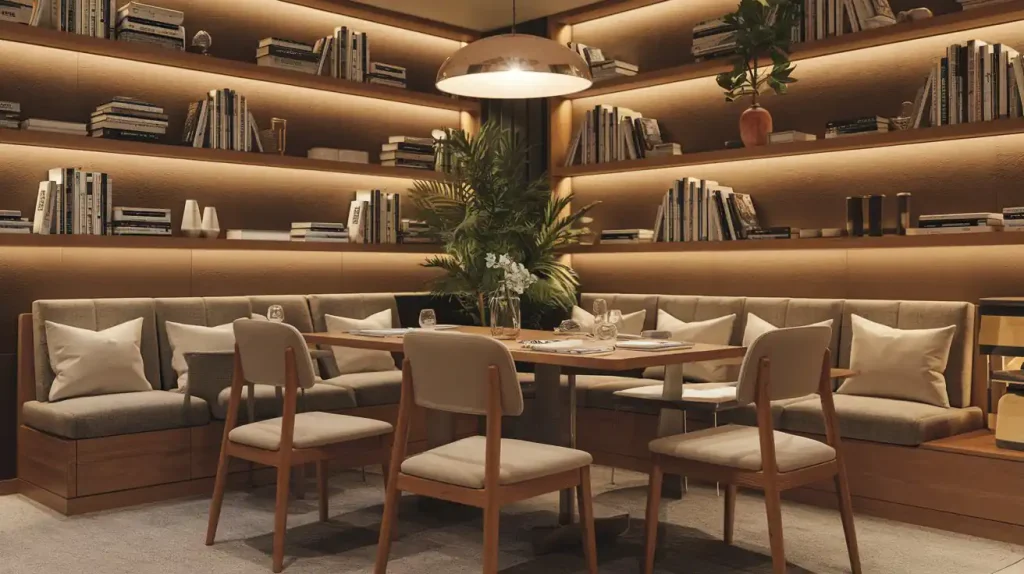 Cozy and modern dining area with wooden furniture, plush seating, filled bookshelves, and soft, warm lighting that exemplifies exceptional restaurant design.