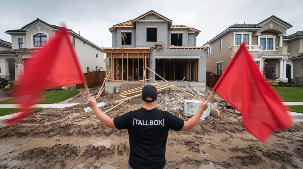 Person in a "TALLBOX" shirt waves red flags facing a two-story new build home under construction amidst muddy surroundings.
