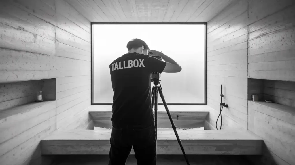 Person in a "TALLBOX" shirt photographing a minimalist room with concrete walls, a large window, and exploring different flooring options.