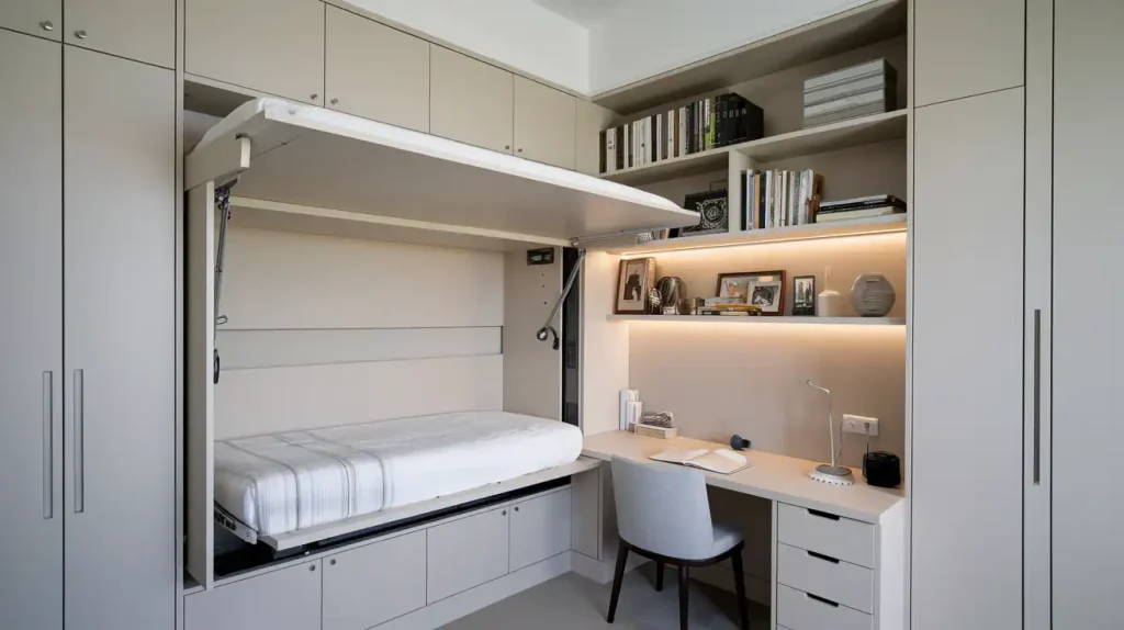 Foldable bed integrated with shelves and a desk in a compact, modern room. Beige cabinetry and minimalist decor create a serene space ideal for DIY interior house renovations.