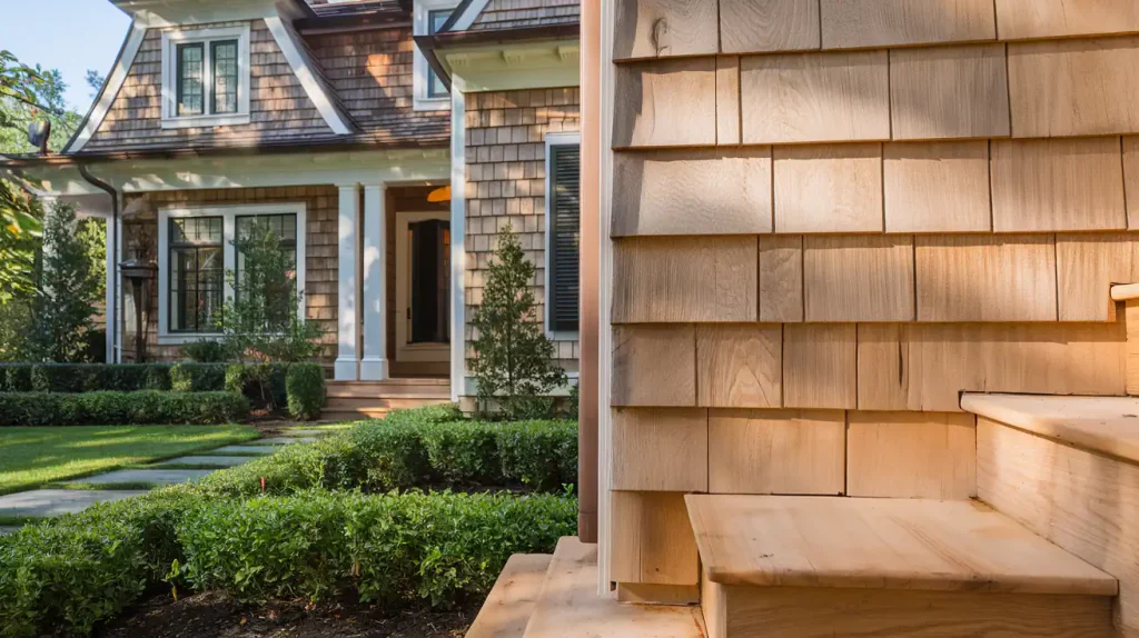 Steps leading up to the porch of a wooden house with new siding, shingles, trimmed bushes, and a well-manicured lawn.