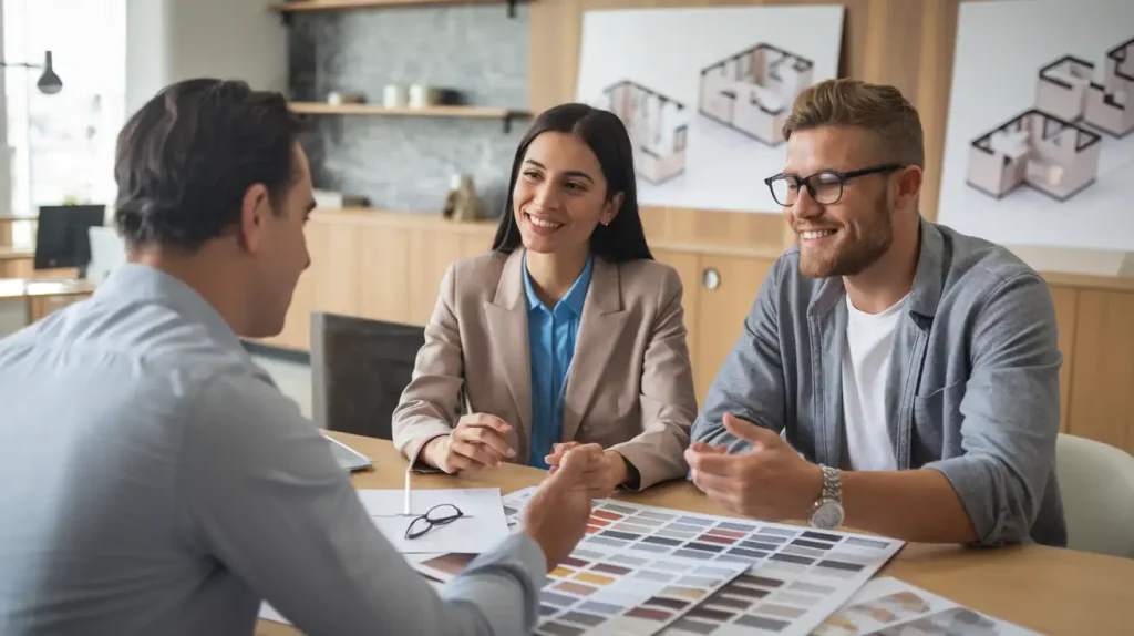 Three people sitting at a table discussing home renovation plans for their new build home, with floor plans and color samples in front of them.