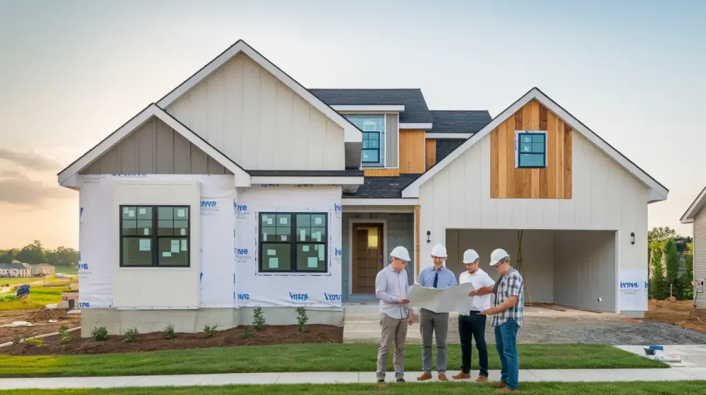 Four people in hard hats reviewing blueprints in front of a partially constructed house with new siding on a suburban street.