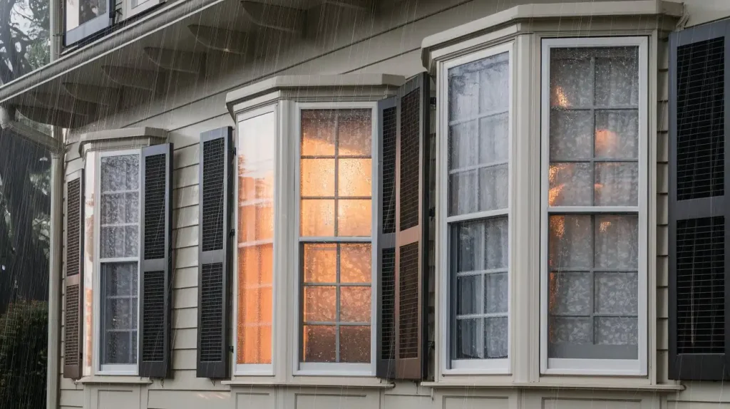 Raindrops on a new house's bay windows in the evening, warm light glowing from inside.