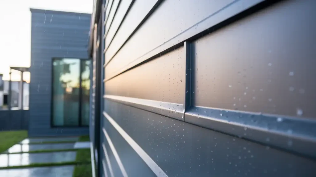 Close-up of an exterior metal wall with modern horizontal panels, showcasing the sleek siding of a new construction project, with a blurred house and lawn in the background.