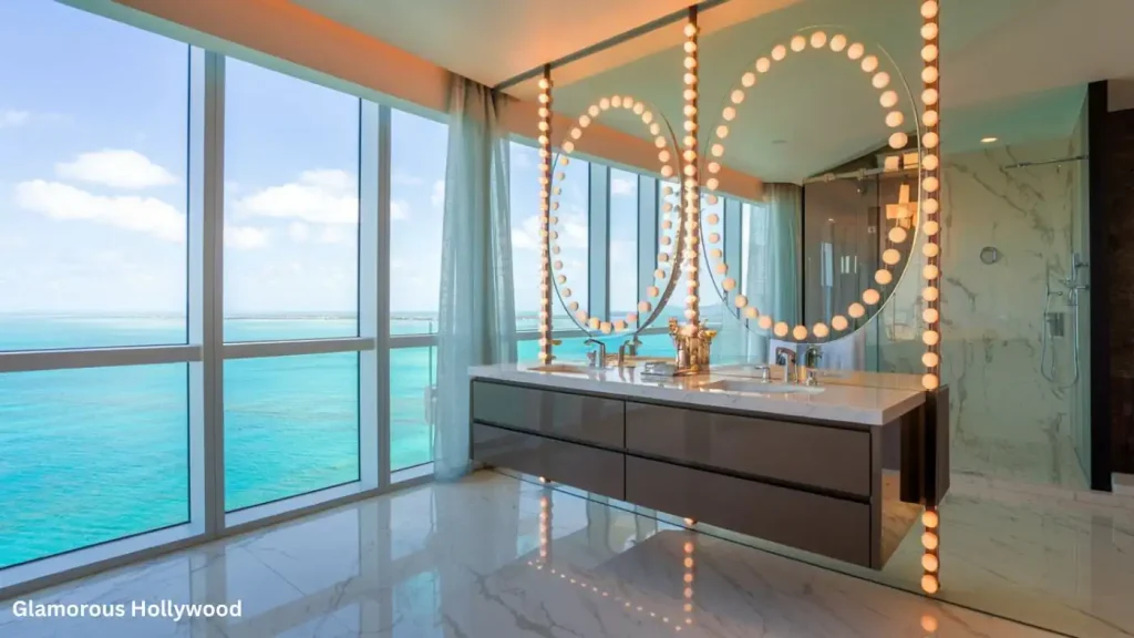 Luxurious bathroom with the perfect mirror, large vanity mirrors surrounded by lights, overlooking a vast ocean view through floor-to-ceiling windows.