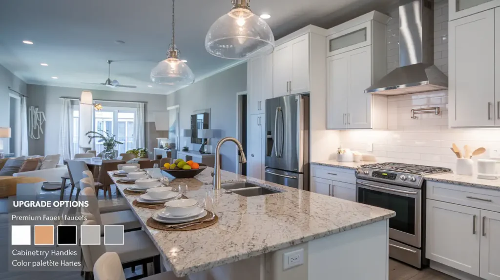 Modern open-plan kitchen and dining area with island, pendant lights, stainless steel appliances, and upgrade options display. Perfect for those buying a new build home.