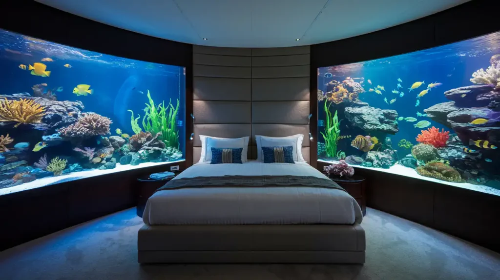 A modern bedroom features a large bed framed by two expansive aquarium tanks filled with colorful fish and coral—an elegant touch from the realm of unusual DIY renovations.