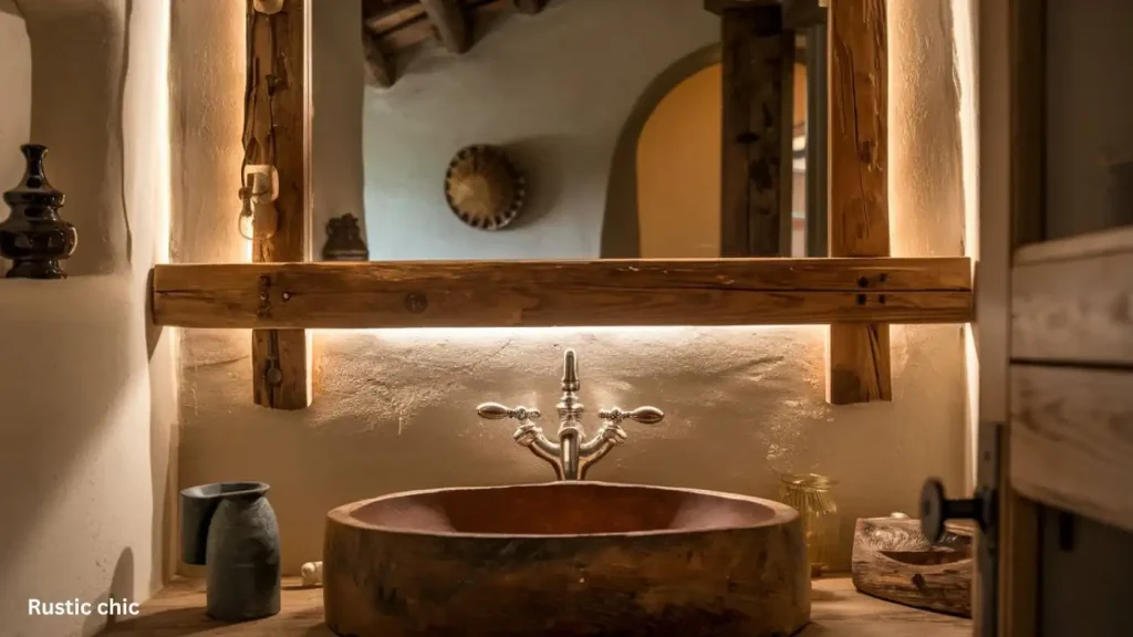 A bathroom with a wooden-framed mirror that perfectly complements the rustic sink and warm lighting, featuring earthy decor. Select the perfect mirror for your bathroom to enhance this cozy and inviting space.