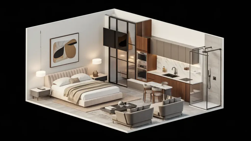 A modern studio apartment with a bedroom, living area, kitchen, and bathroom features neutral colors and minimalistic design. Additionally, the unfinished basement provides potential for increased income.