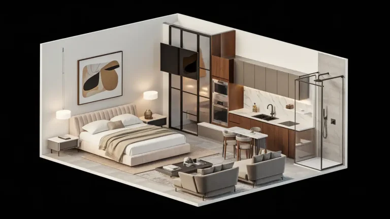 A modern studio apartment with a bedroom, living area, kitchen, and bathroom features neutral colors and minimalistic design. Additionally, the unfinished basement provides potential for increased income.